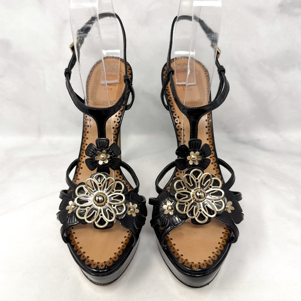 Christian Dior Vintage Y2K Fleur Floral Patent Leather Platform Sandal Heels 37